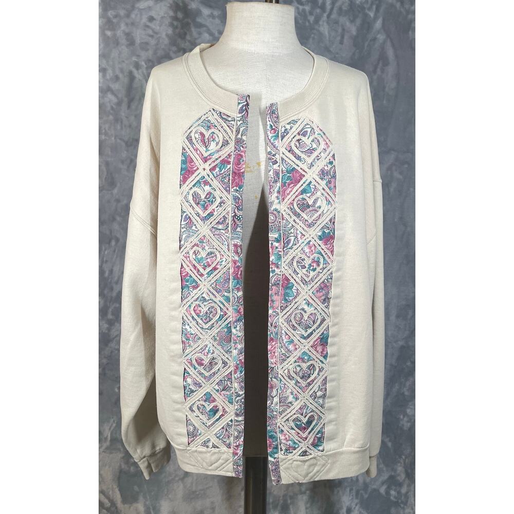 Vintage 80s 90s Heart Quilted‎ Cardigan Sweatshirt oversized M cottage granny